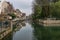 Ancient French classic medieval town with river in front, Dole, Burgundy, France