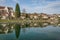 Ancient French classic medieval town with river in front, Dole, Burgundy, France