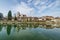 Ancient French classic medieval town with river in front, Dole, Burgundy, France