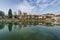 Ancient French classic medieval town with river in front, Dole, Burgundy, France