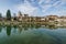 Ancient French classic medieval town with river in front, Dole, Burgundy, France