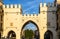 Ancient gate of Karistor in Munich, Bavaria, Germany. Front view of restored medieval gate of Munich at sunset