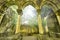 Ancient gothic arches in the myst. Fantasy landscape