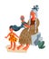 Ancient granny combing hair of girl in Stone Age. Prehistoric times vector illustration. Happy kid with woman isolated