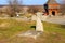 Ancient gravestone crosses 17th - 18th century at the famous historic St. Elijah Church in Subotiv village, Ukraine