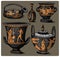 Ancient Greece, antique amphora set, vase with life scenes vintage, engraved hand drawn in sketch or wood cut style, old