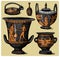 Ancient Greece, antique amphora set, vase with life scenes vintage, engraved hand drawn in sketch or wood cut style, old