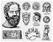 Ancient Greece, antique symbols Socrates head, laurel wreath, athena statue and satyr face with coins vintage, engraved