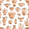 Ancient greek clay pots, vases and amphoras seamless pattern. Traditional antique ware decorated by Hellenic ornaments