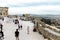 Ancient Greek ruins, columns, building. Tourists on excursions to the Acropolis, Athens, Greece