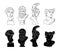 Ancient Greek statues of a gods and a heros, vector black white line and solid silhouettes antique sculptures of male