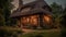 An ancient half timbered cottage illuminated by sunset in rural landscape generated by AI