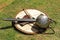 An ancient helmet, sword are made of metal and shield for protection in battle.