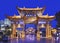 Ancient Illuminated gate in city center, Kunming, China