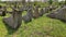 Ancient Jewish cemetery with old stone tombstones in sunny day