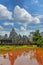 Ancient Khmer architecture. Ta Prohm temple with giant banyan tree at sunset. Angkor Wat complex, Siem Reap, Cambodia travel desti