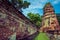 Ancient Khmer-style prangs and old brick wall on the historical island of Wat Mahathat,Phra Nakorn Sri Ayutthaya,Thailand.A UNESCO