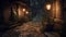 Ancient lantern illuminates old architecture on dark cobblestone footpath generated by AI