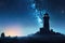 ancient lighthouse silhouetted against starry sky