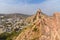 Ancient long wall with towers around Amber Fort and view of Amber village. Rajasthan. India