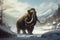 An ancient Mammoth slowly lumbering along a frigid shoreline its tracks a winding trail in the snow.. AI generation