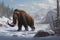 An ancient Mammoth slowly lumbering along a frigid shoreline its tracks a winding trail in the snow.. AI generation