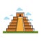 Ancient Mayan pyramid on green grass under sky with clouds