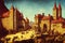 Ancient medieval city street with people historical scene background digital illustration.