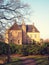 Ancient medieval stone fortress, autumn look through the valley, castle Vorden, Netherlands, Europe