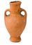 Ancient miniature clay amphora on white background