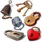 Ancient, modern and romantic padlocks with keys and door bell. Locks in shape of heart, lions head and floral ornament