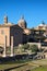 Ancient monuments, ruins and columns in Roman Forum. Rome, Italy.