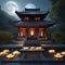 An ancient, moonlit temple surrounded by luminous, floating lily pads4