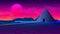 Ancient mysterious pyramid in 80s styled neon landscape with purple sky and blue mountains in retrowave, synthwave style