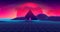 Ancient mysterious pyramid in 80s styled neon landscape with purple sky, sun and blue mountains in retrowave or
