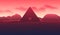 Ancient mysterious pyramid in 80s styled neon landscape with red sky and mountains in retrowave, synthwave style