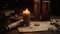 Ancient objects, books and manuscripts by candlelight