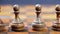 Ancient, old chess pawn pieces on wooden chessboard. Board strategy game. Focus on shabby white figures standing in row