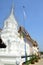 Ancient ordination hall or antique old ubosot and chedi stupa for thai travelers people travel visit and respect praying blessing
