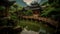 Ancient oriental temple building, serene green pond, nature reflecting, historical travel destination
