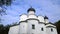 Ancient orthodox christian stone temple. Pskov, Russia. Church of St. Basil the Great on the Hill on background blue sky. 15th cen