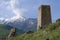 Ancient Ossetian battle tower in the Caucasus mountains. North Ossetia Alania