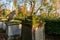 Ancient overgrown tombstones and graves at churchyard garden on autumn morning.