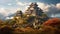 Ancient pagoda stands tall, surrounded by autumn beauty generated by AI