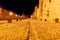 Ancient paved stone road in the medieval castle of Carcassonne town at night