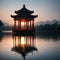 ancient pavilion on the west lake with sunset in hangzhou,China. made with Generative AI