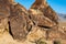 Ancient petroglyph rock carved symbols in desert