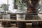 ancient pharmacist and chemical ampoules stored on wooden and dusty shelves.