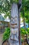 Ancient Polynesian style tiki wooden carvings in Waikiki beach