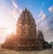 Ancient Prambanan Hindu temple against morning sun. Java, Indonesia